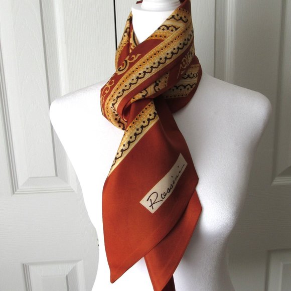 ROSSINI Vintage Scarf Pennant Style Brown Gold Black Paisley Silky Feel - Picture 5 of 8